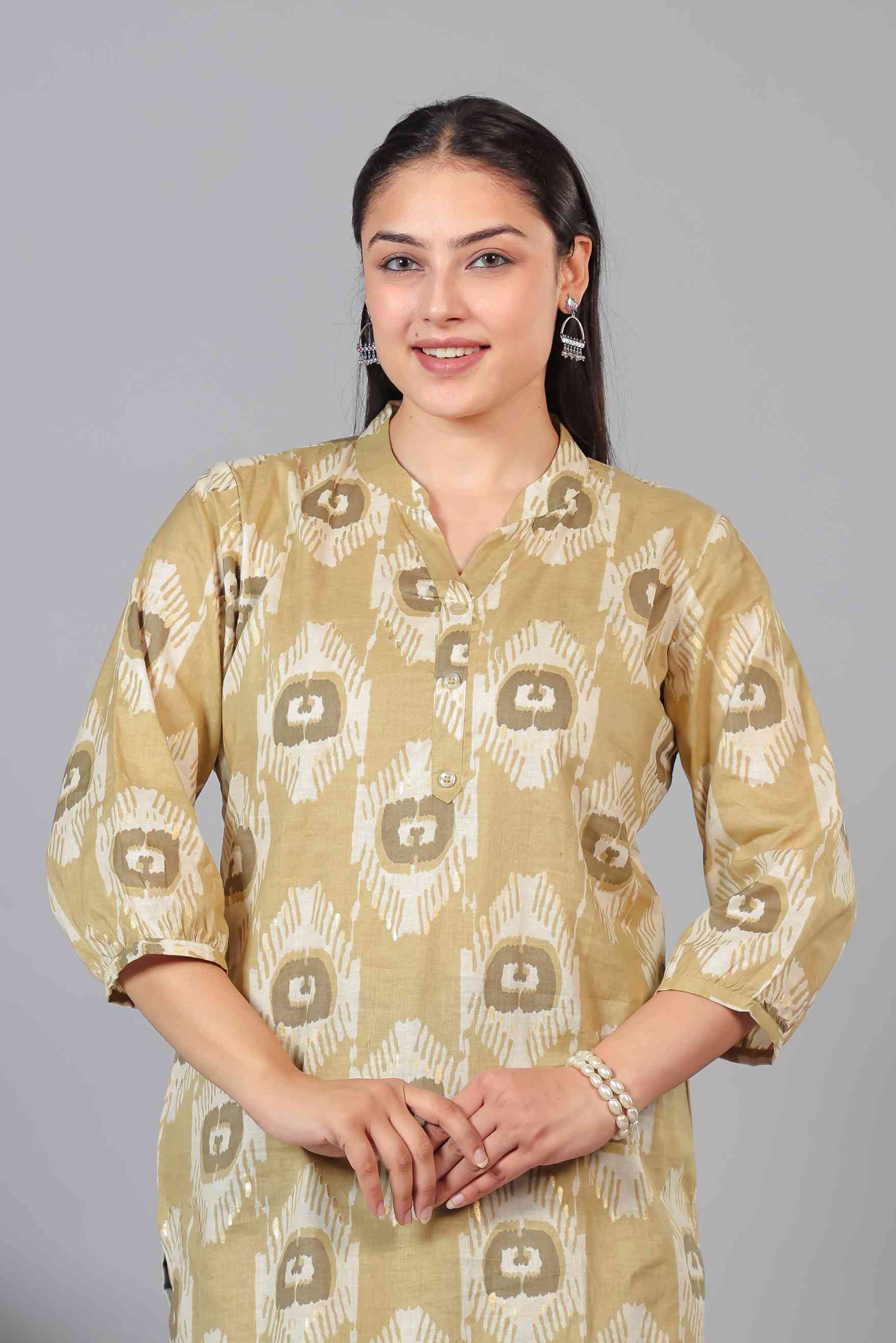 Metallic Gold Brown Cambric Cotton Printed Top