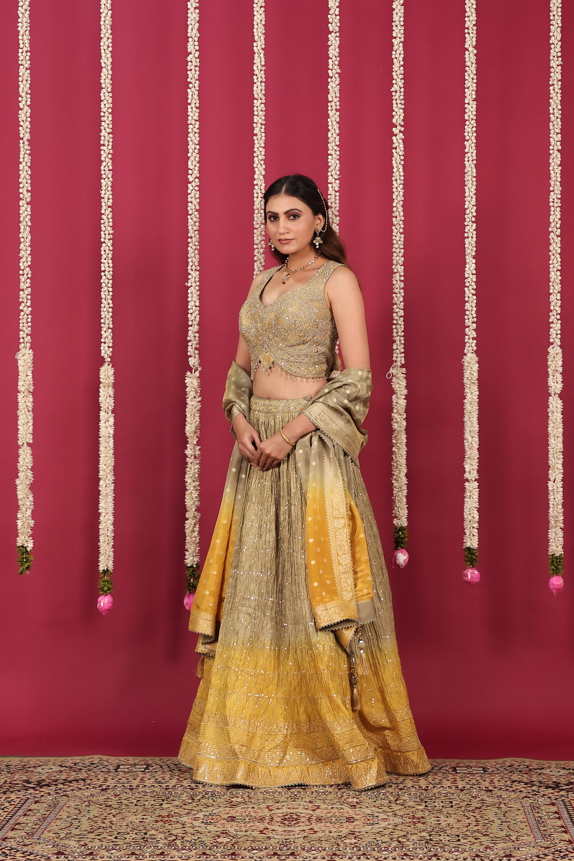 Golden Brown & Yellow Mosh Silk Lehenga with Zari Work with Blouse & Dupatta