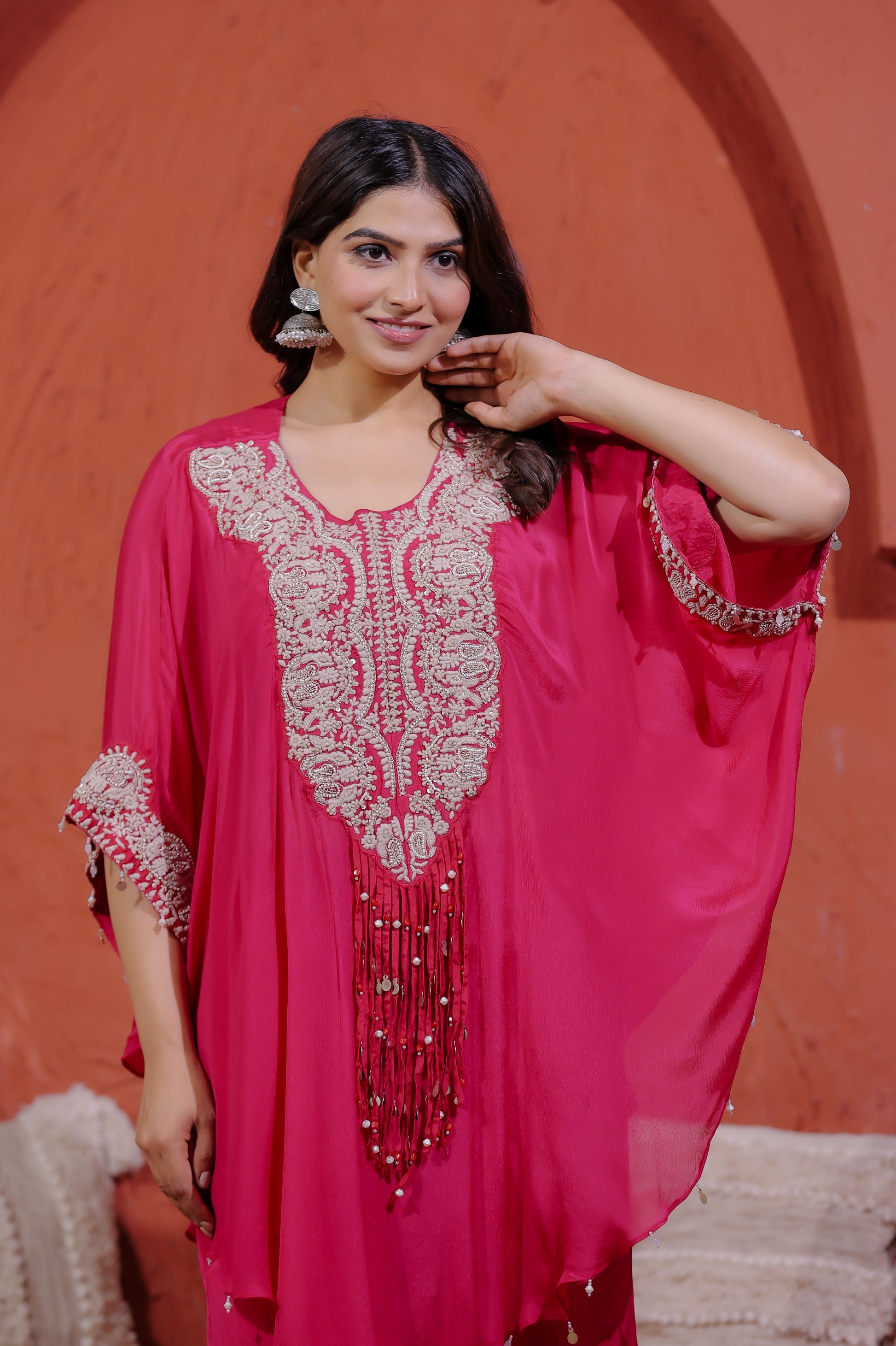 Rani Pink Chinon Silk Kaftan with Thread Embroidery, Blouse & Palazzo