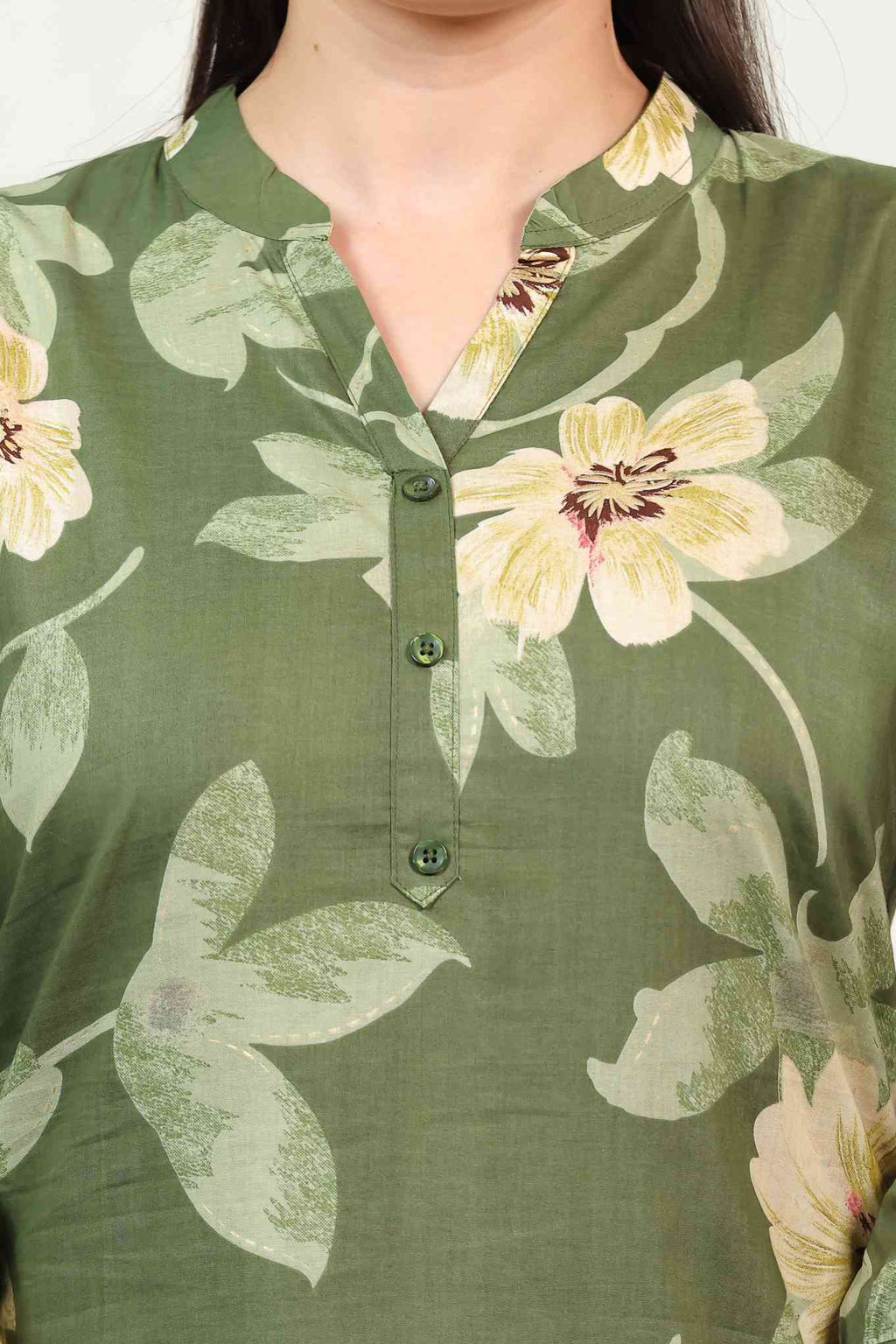 Green Cambric Cotton with Flower Printed Short Kurti