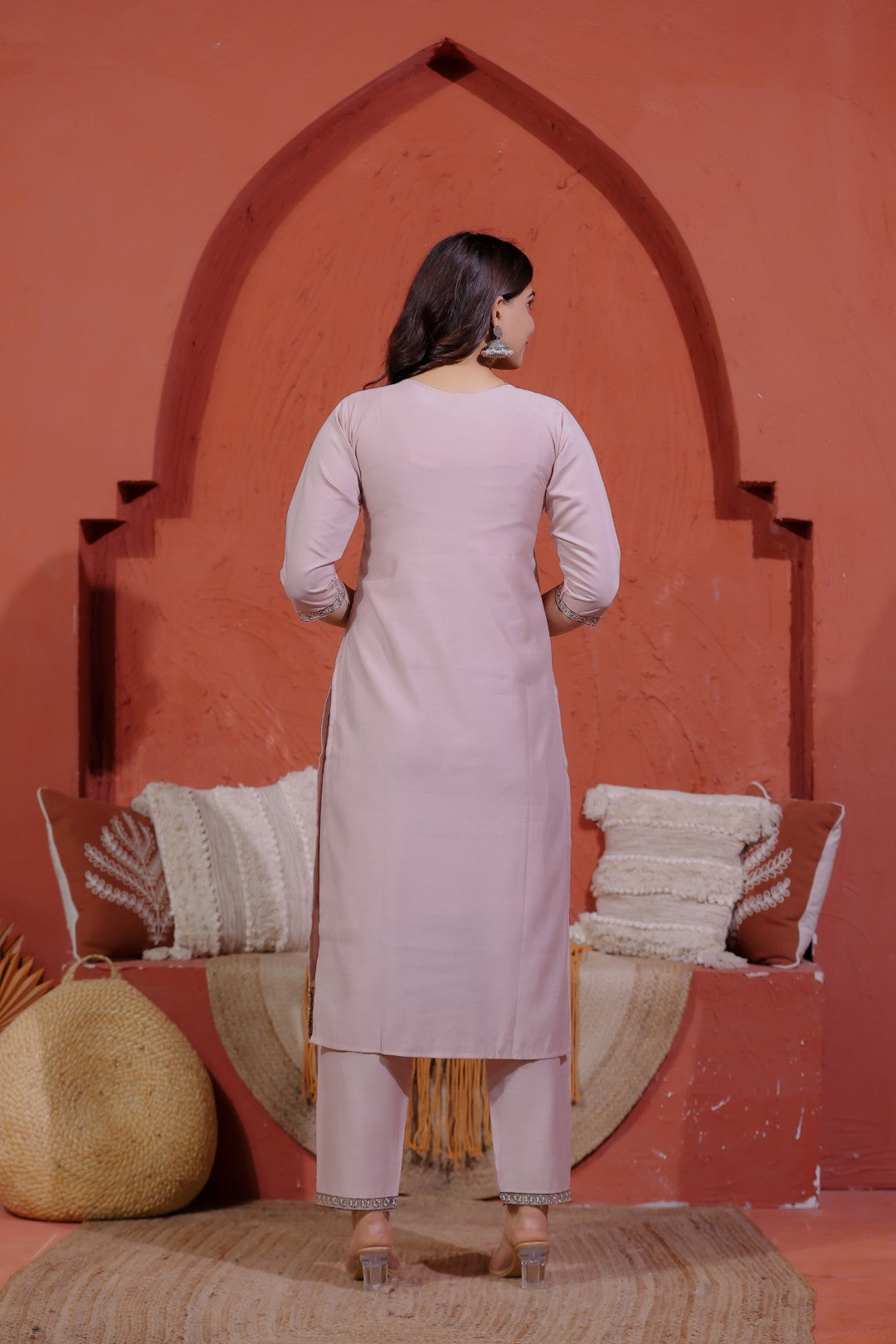 Light Peach Muslin Suit with Thread Embroidery, Bottom & Dupatta