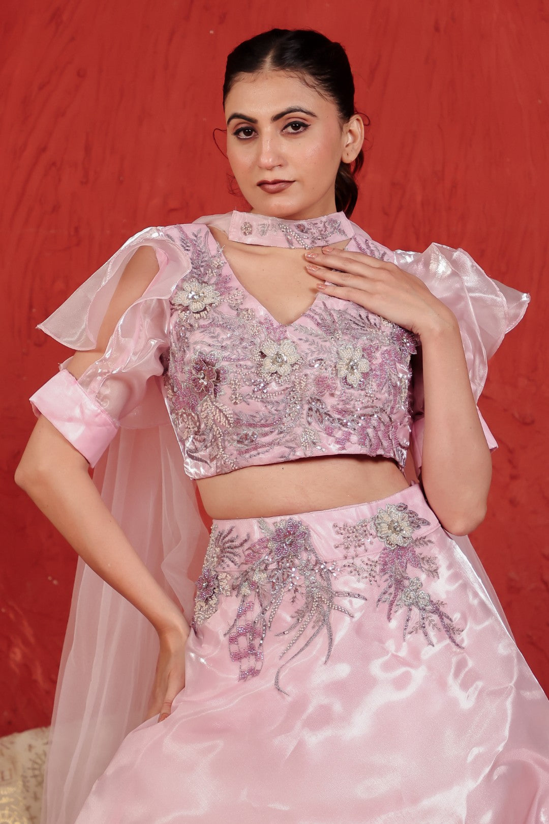 Baby Pink Jimmy Choo Lehenga with Handwork Blouse & Net Dupatta