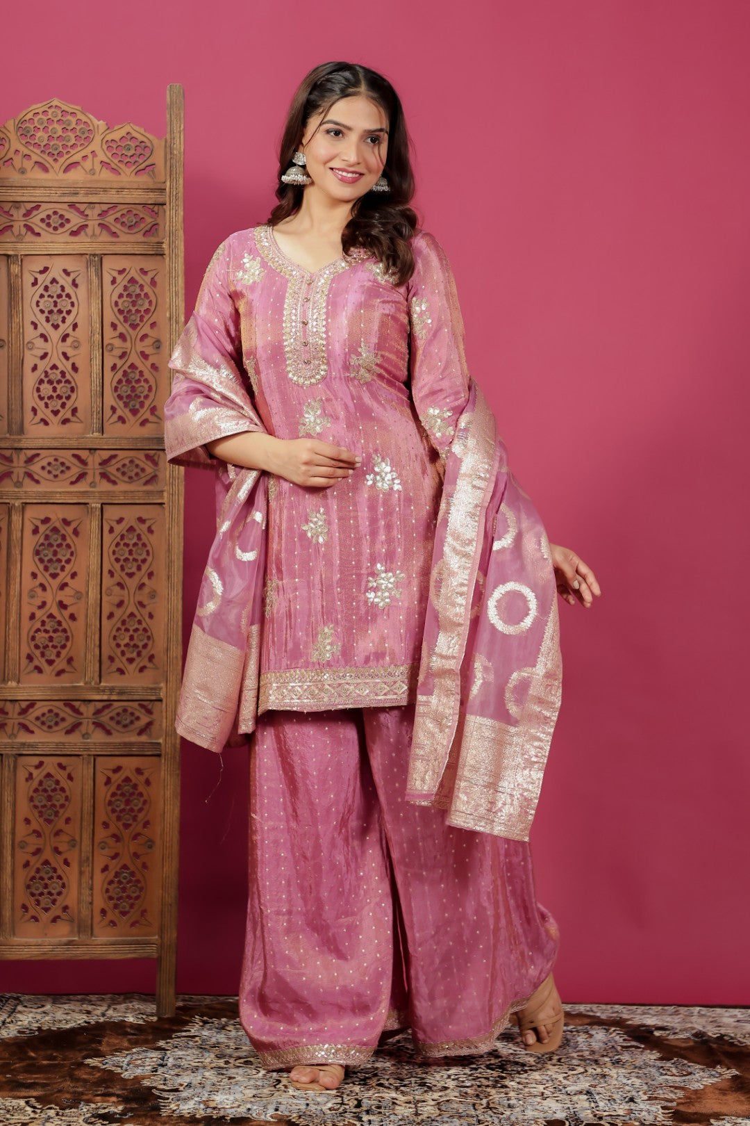 Pink Mosh Silk Suit with Banarsi Work, Palazzo & Dupatta