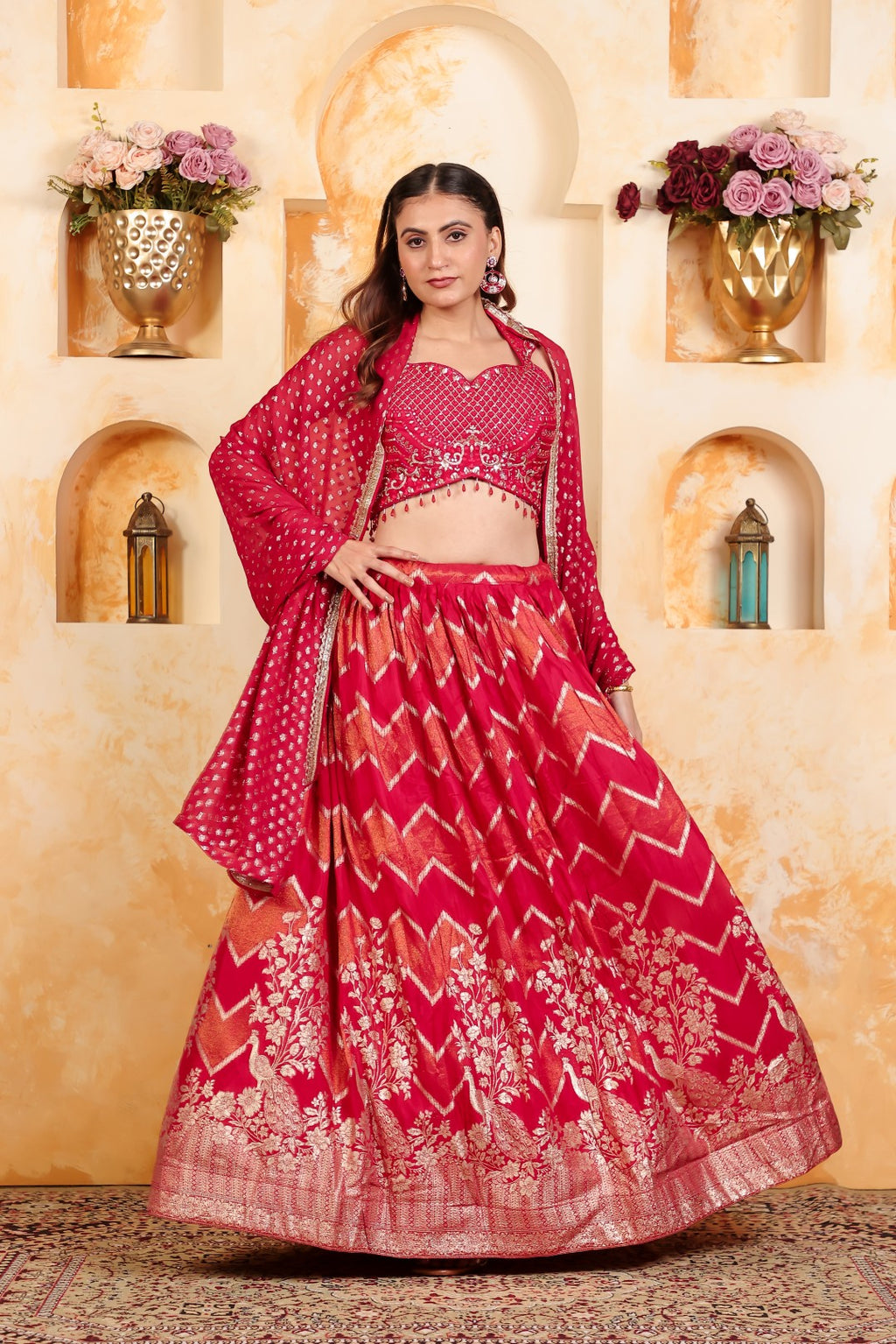 Rani Pink Dola Silk Blouse with Zari Work, Lehenga & Dupatta