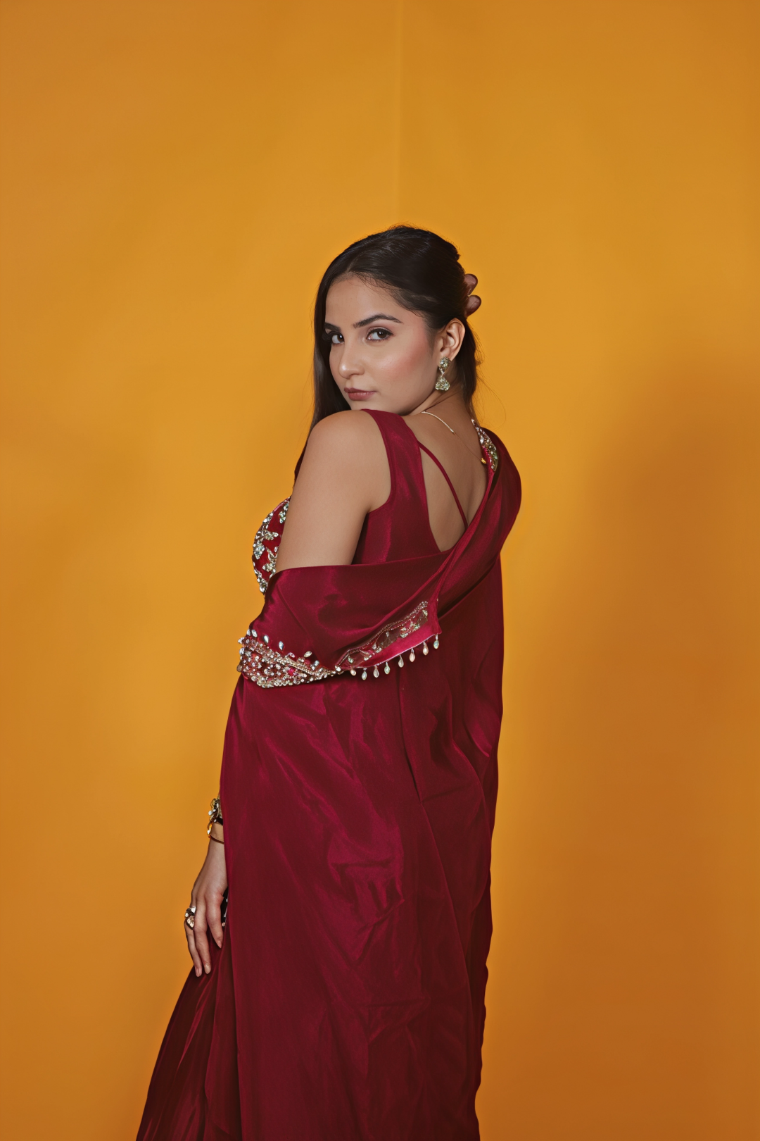 Maroon Crepe Silk Blouse with Zari Handwork, Dhoti & Shrug