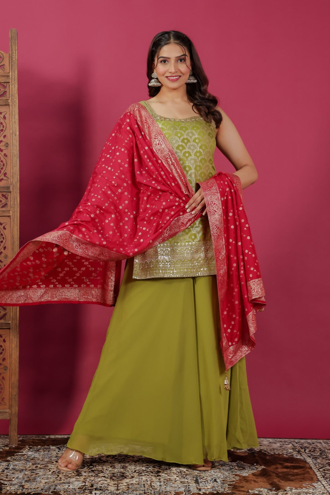 Lime Green Dola Silk Banarasi Suit with Zari & Sequin Work, Sharara & Dupatta