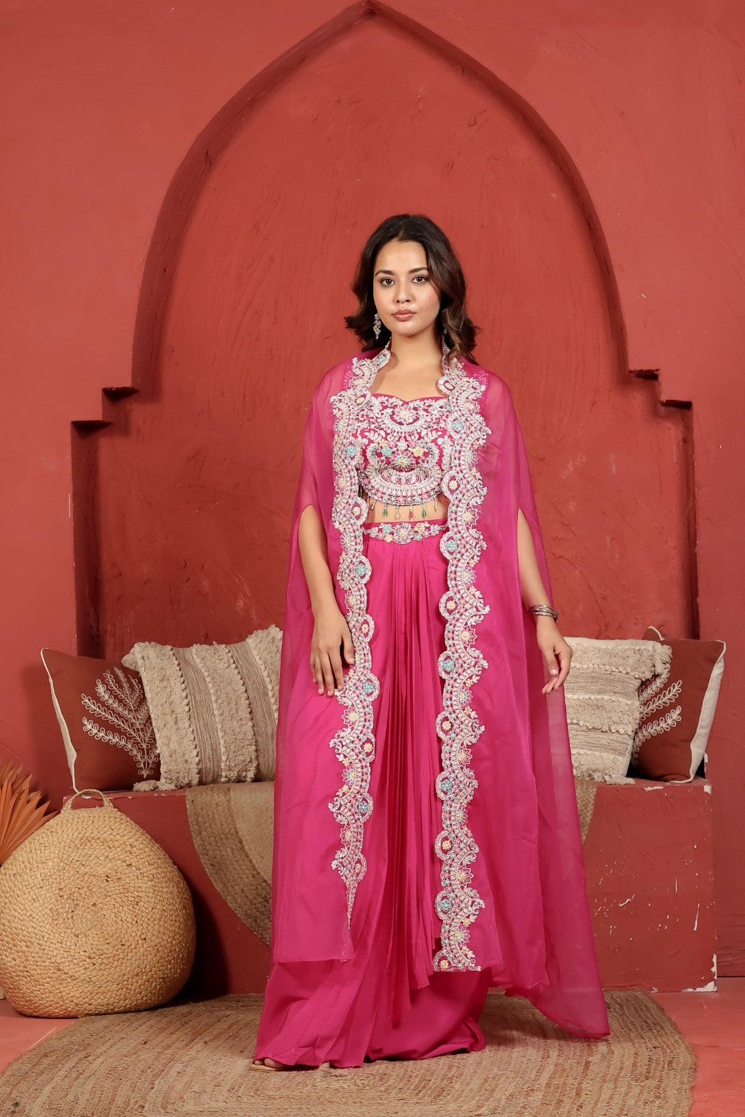 Dark Pink Crepe Silk Dhoti with Handwork Blouse & Shrug