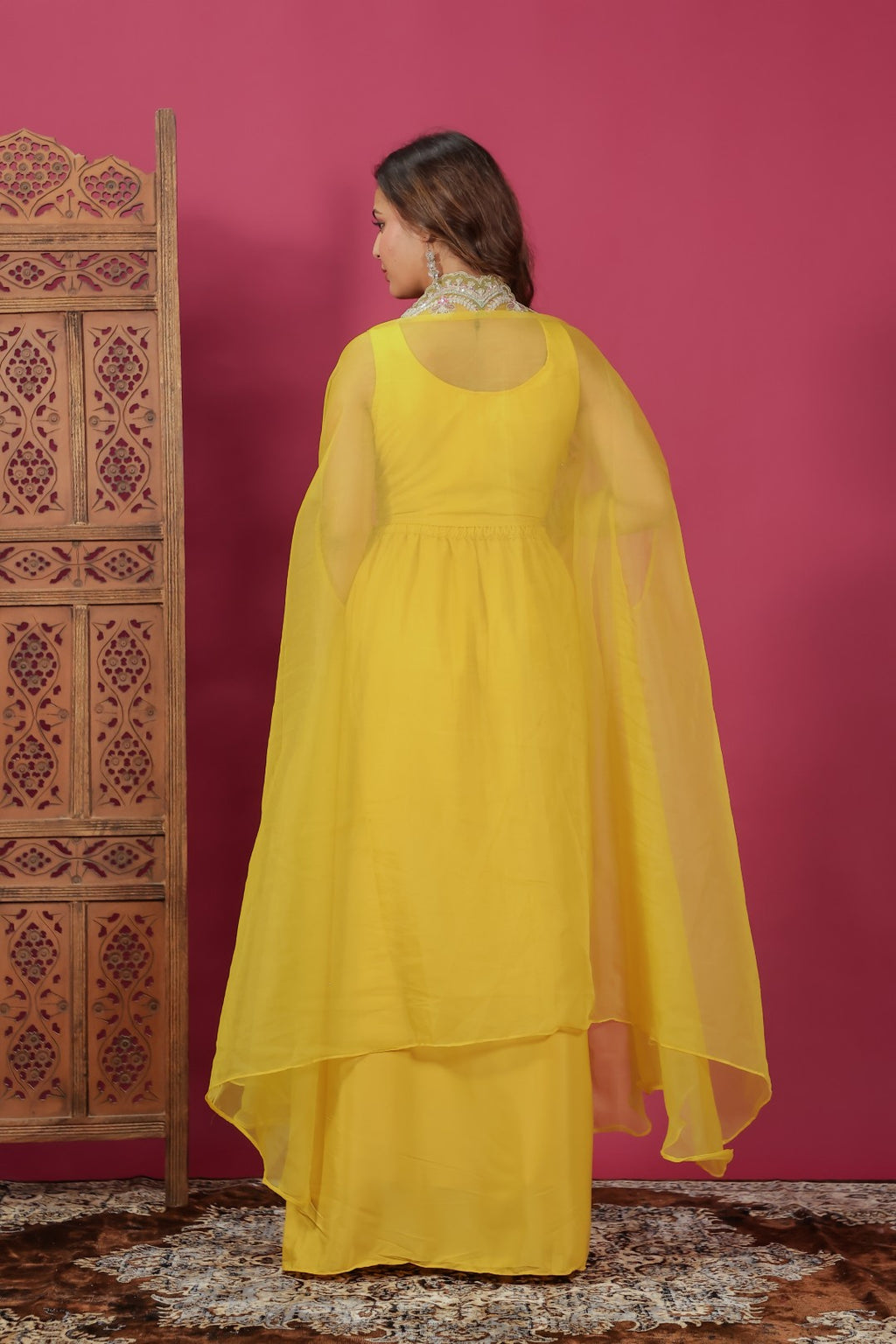 Yellow Crepe Silk Blouse with Hand & Thread Work, Sharara & Shrug