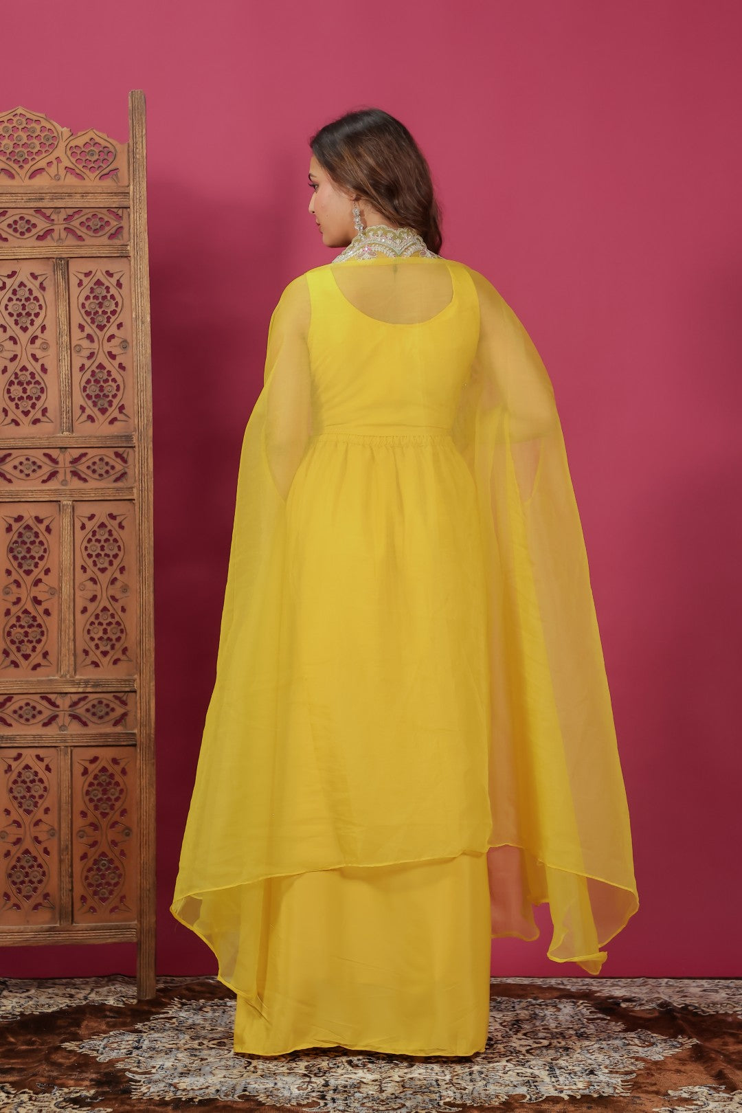 Yellow Crepe Silk Blouse with Hand & Thread Work, Sharara & Shrug