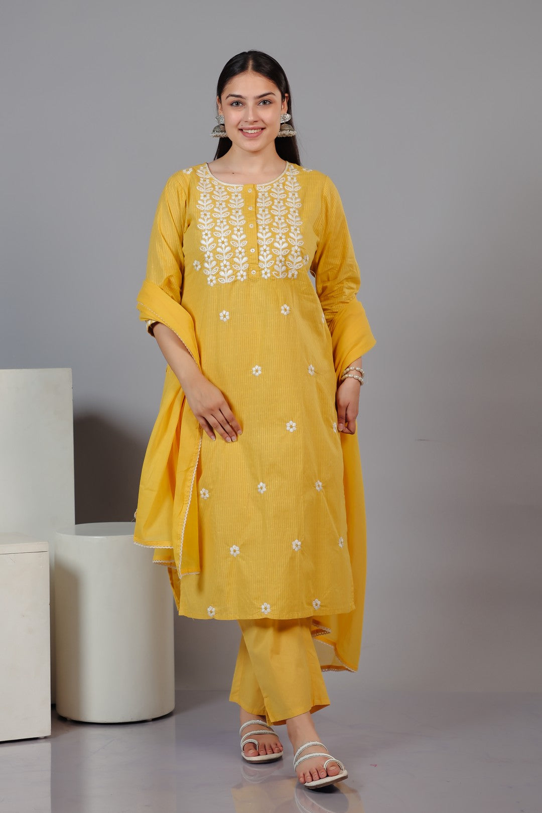 Yellow Cotton Suit with Fine Thread Work, Bottom & Dupatta