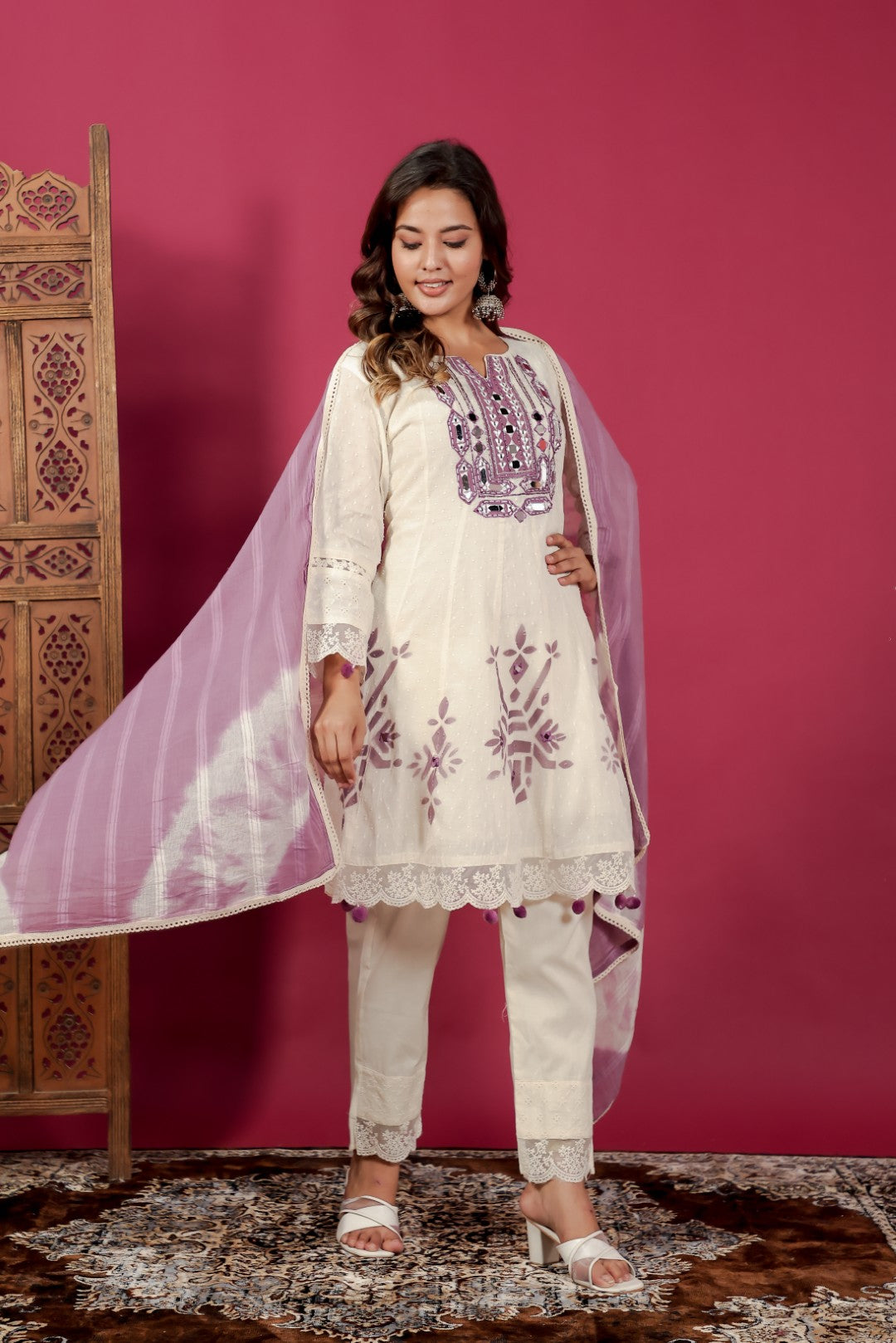 Off White Cotton Suit with Dollar Butti, Mirror & Handwork Neck, Block Print, Pant & Dupatta
