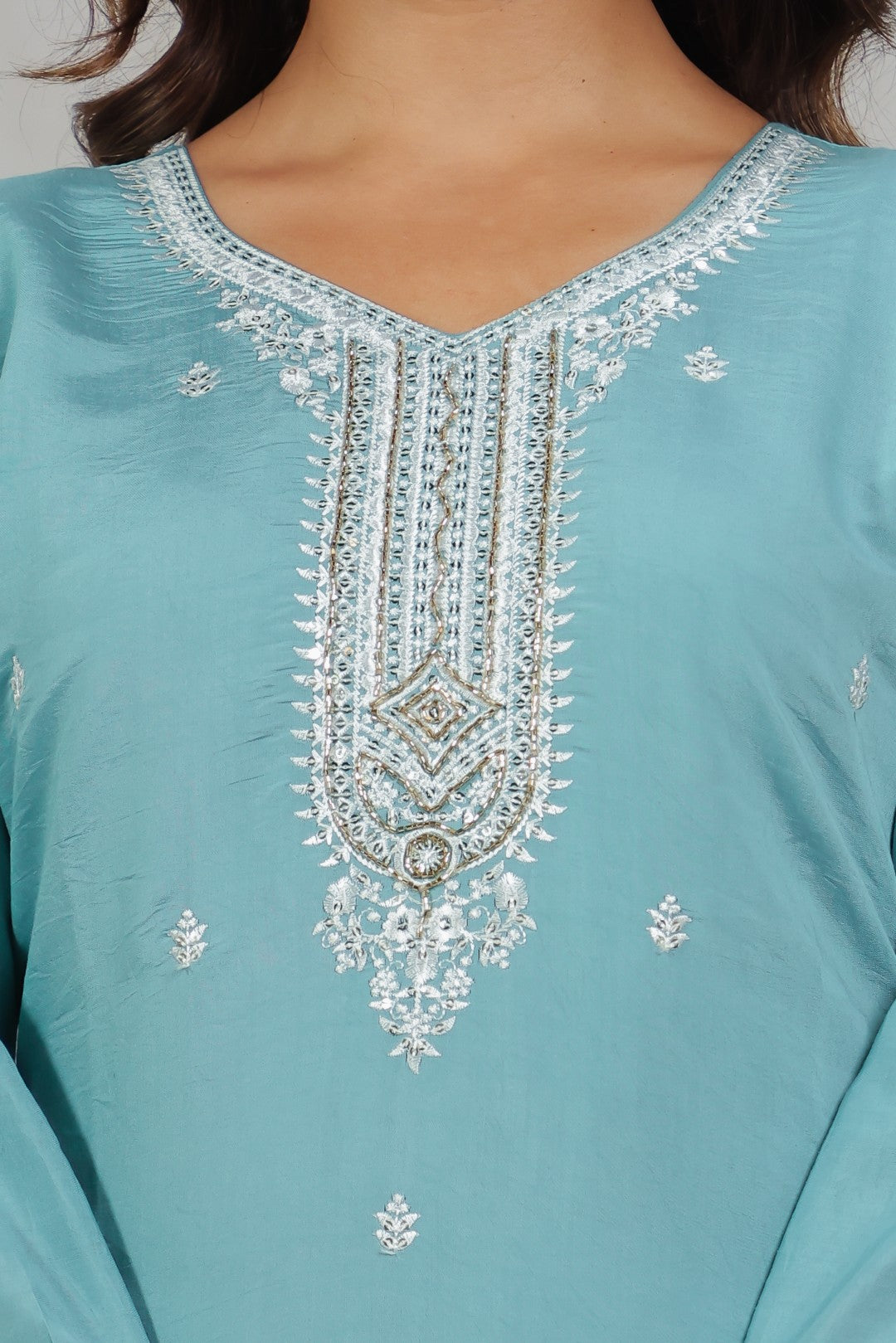 Sky Blue Muslin Suit with Thread Work, Straight Pant & Dupatta