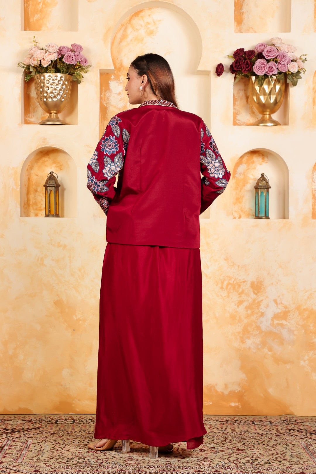 Maroon Chinon Silk Blouse with Thread & Sequence Work, Jacket & Dhoti