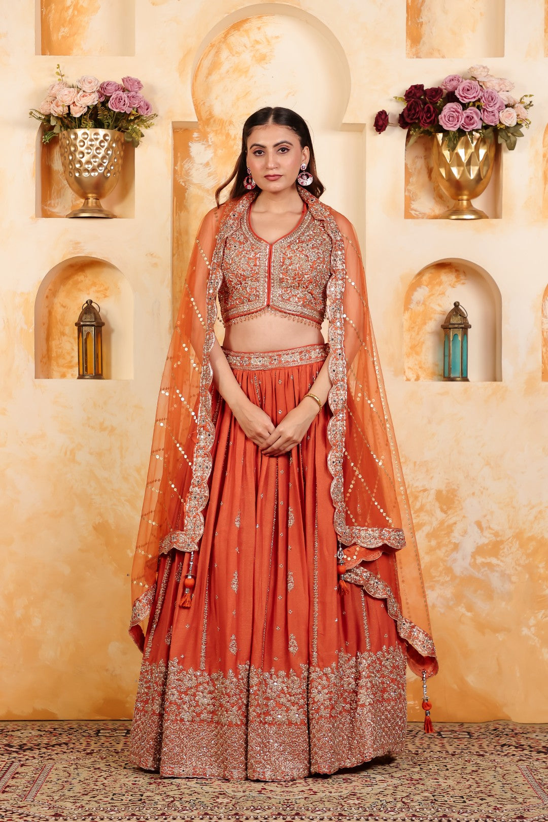 Rust Simmer Chinon Lehenga Zari work with Matching Blouse & Net Dupatta