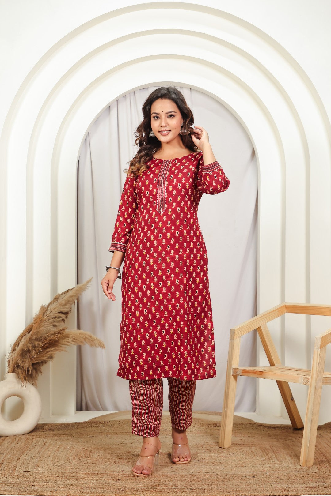 Maroon Slub Cotton Printed Suit with Lining Print Bottom & Dupatta