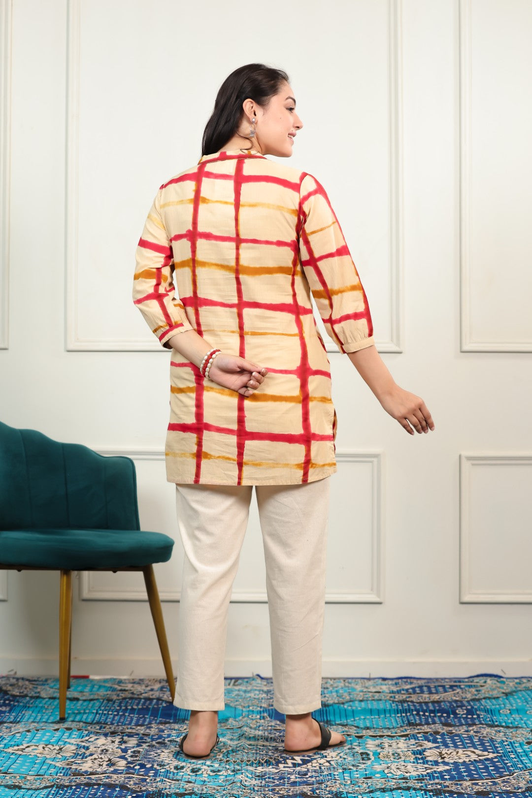 Beige Cambric Cotton with Block Prints Short Kurti