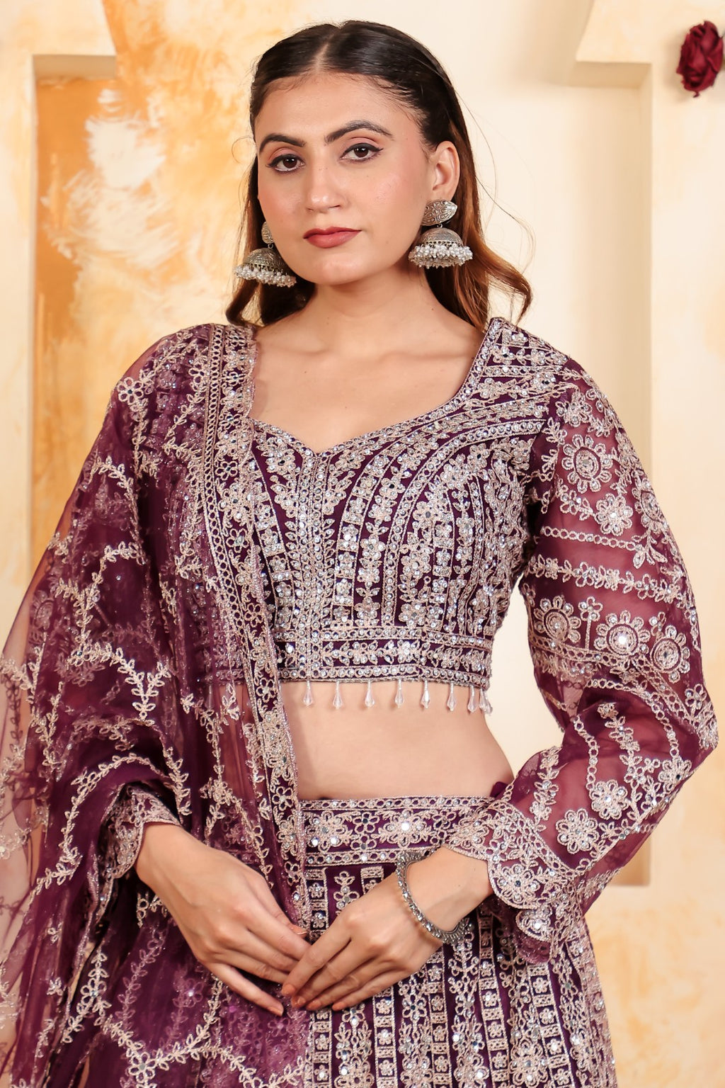Wine Net Blouse with Full Zari, Mirror & Stone Work, Lehenga & Dupatta