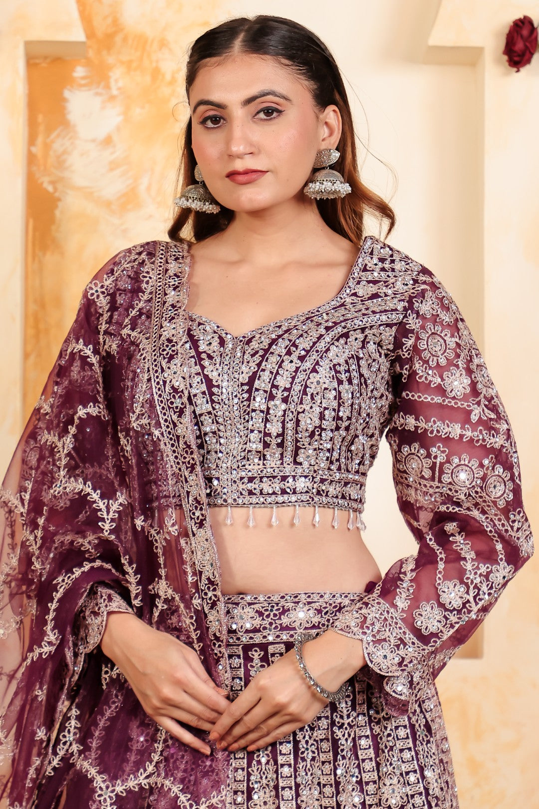 Wine Net Blouse with Full Zari, Mirror & Stone Work, Lehenga & Dupatta