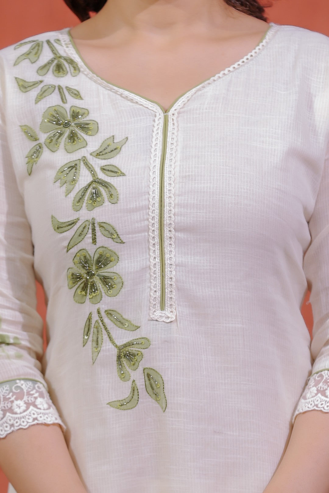 Off White Super Net Cotton Suit with Foil Floral Print, Bottom & Dupatta