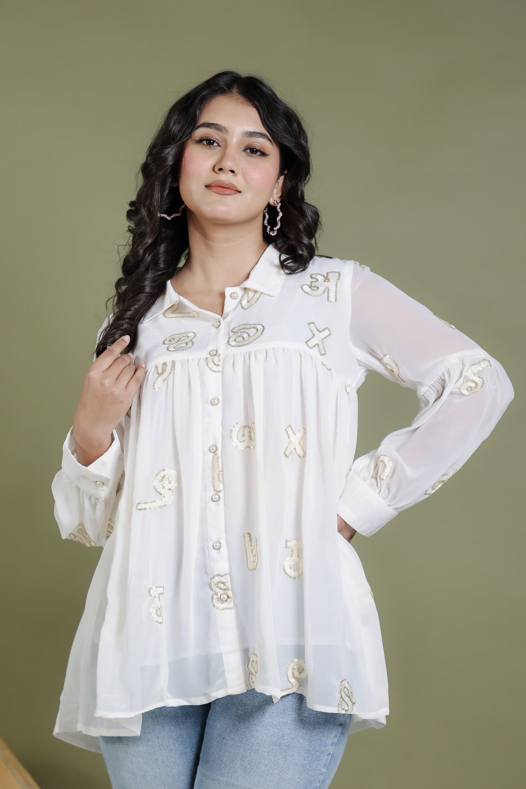 Offwhite Georgette Shirt with Thread Sequence Work