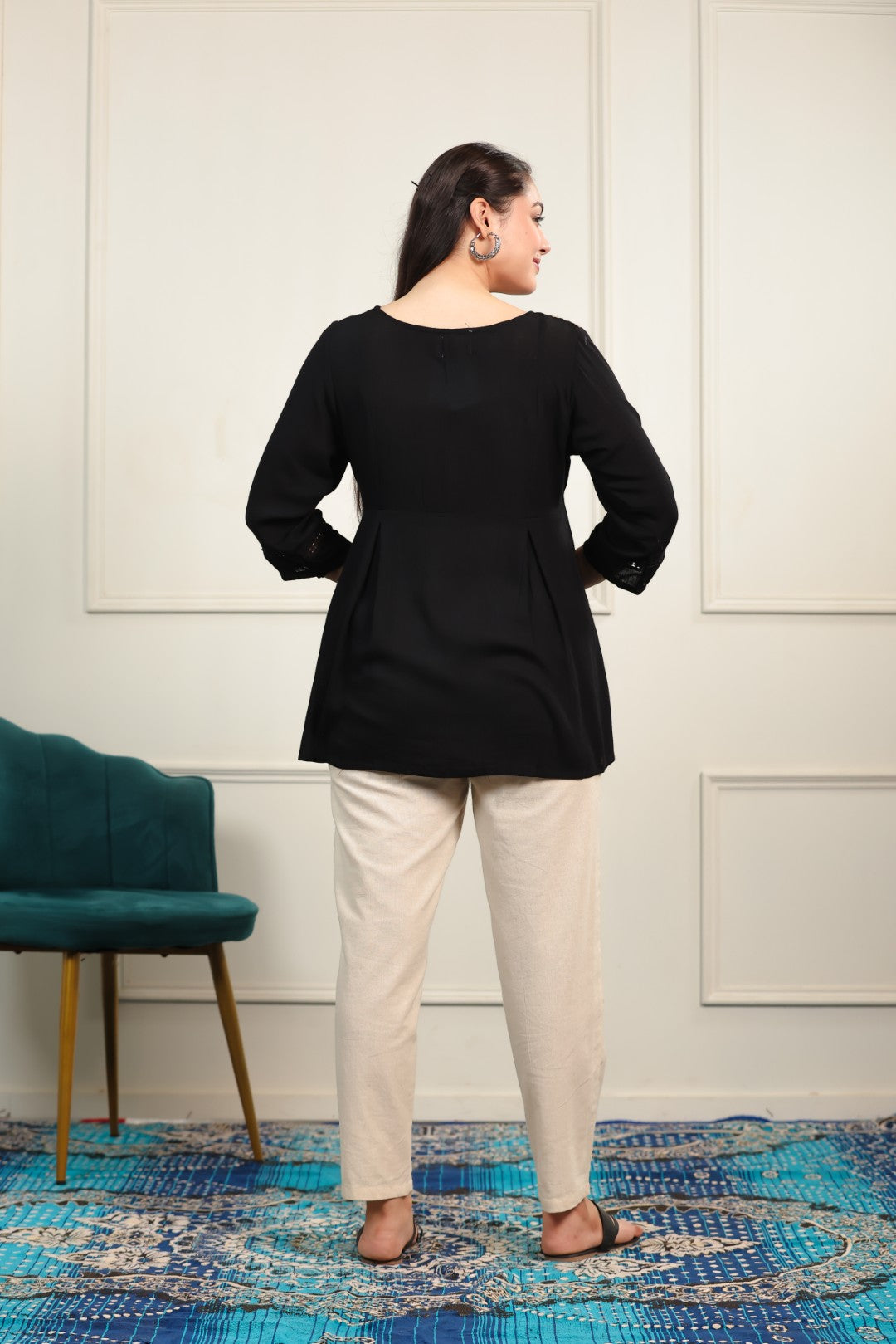 Black Wrinkled Rayon Thread Work Top