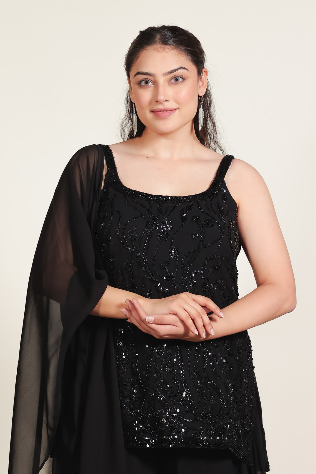 Black Georgette Suit with Handwork, Sharara & Dupatta