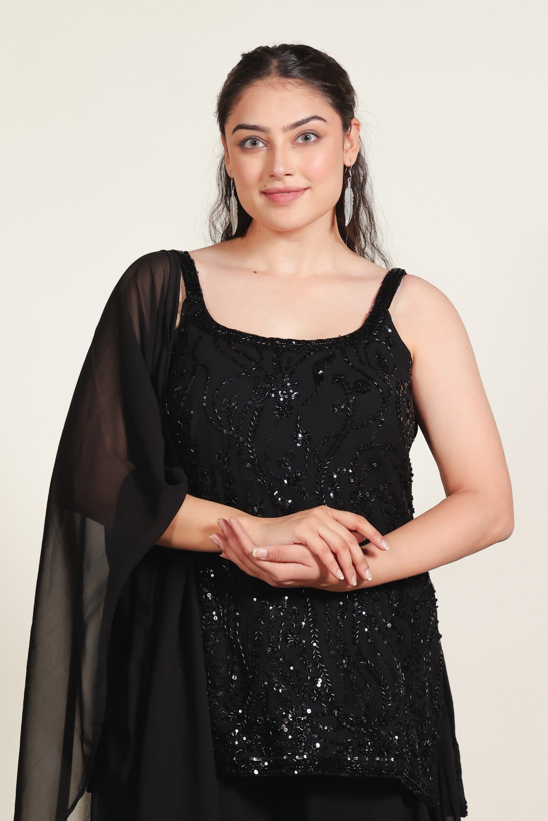 Black Georgette Suit with Handwork, Sharara & Dupatta