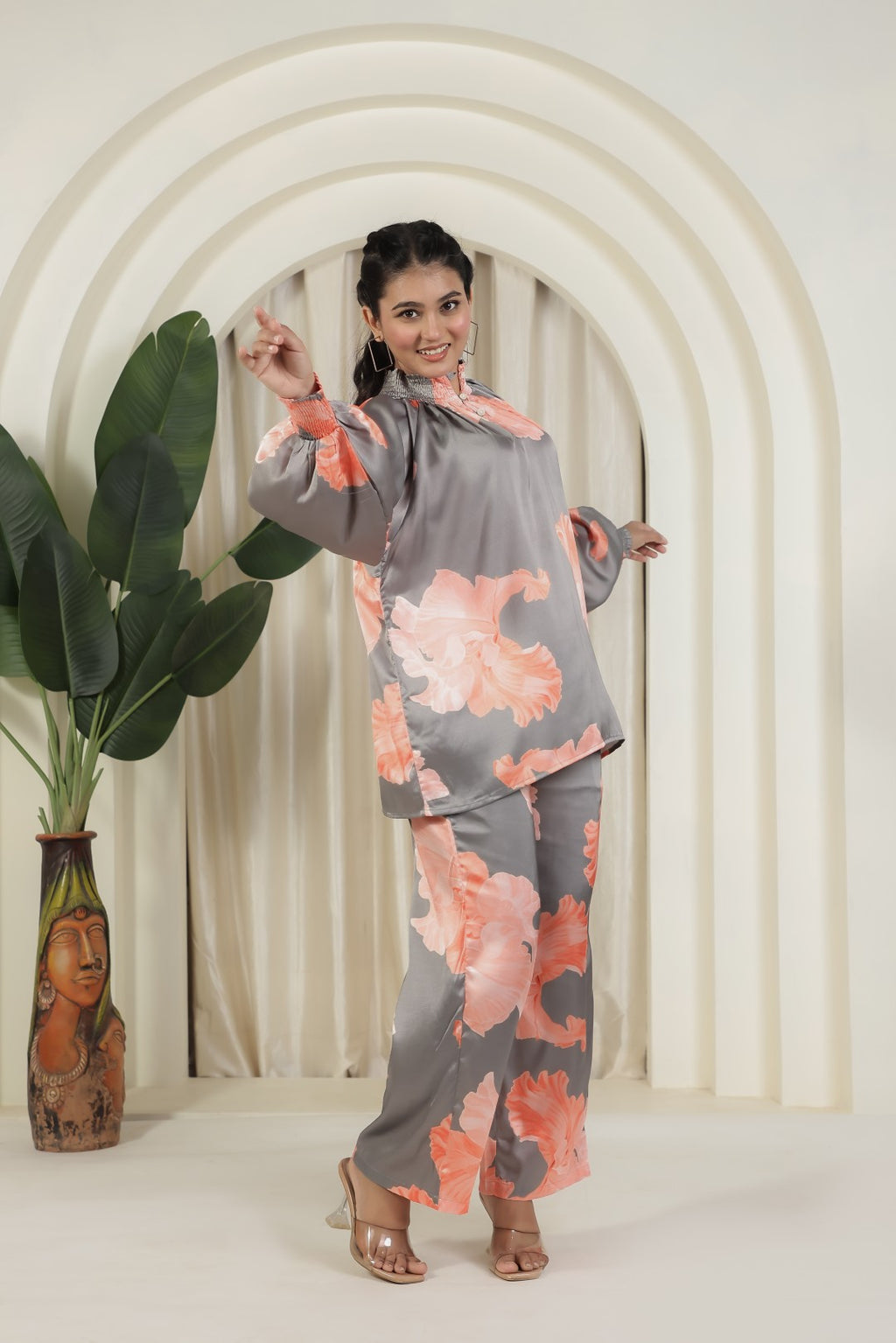 Steel Grey Satin Top with Flower Prints and Paired with Matching Bottom