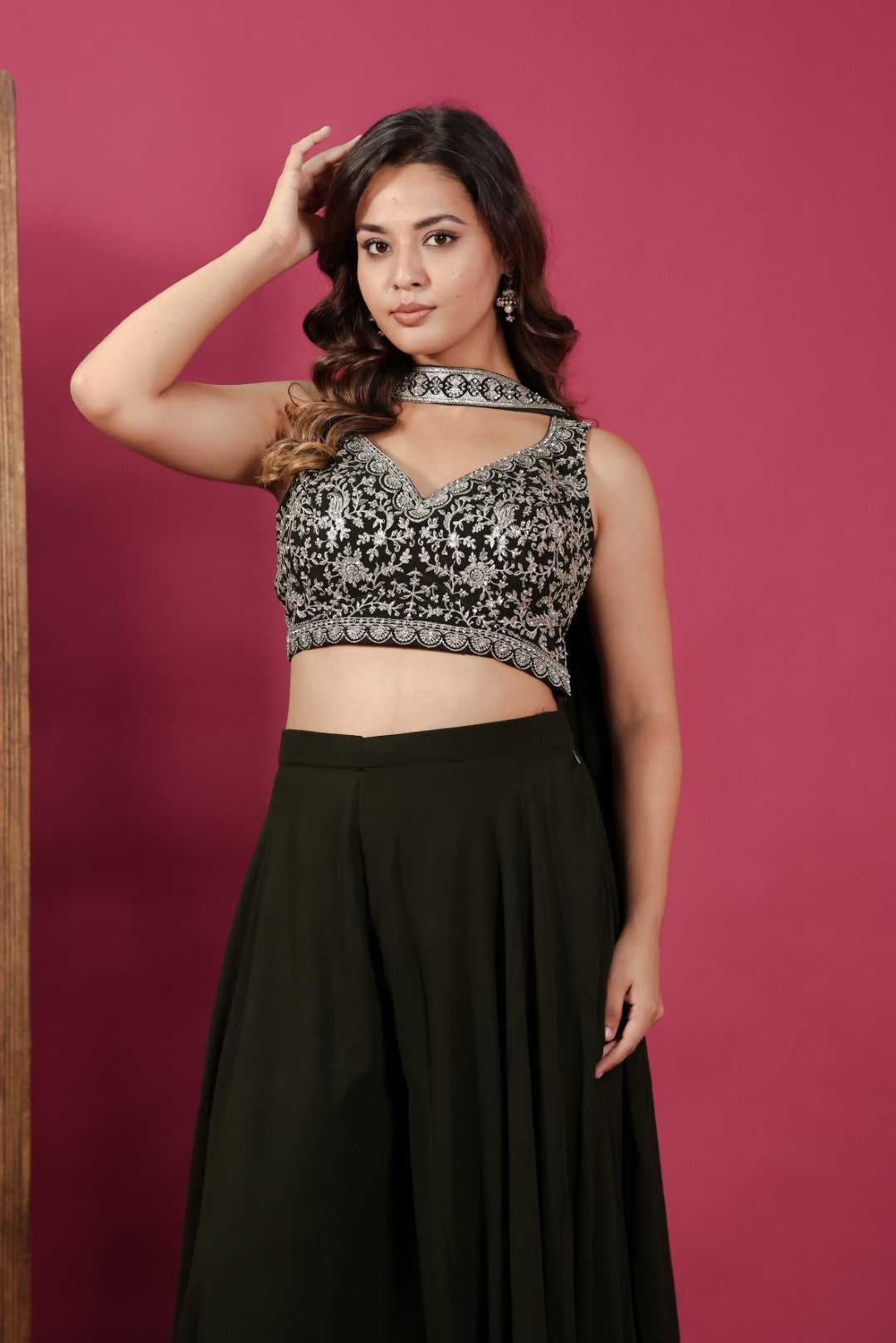 Dark Green Georgette Blouse with Heavy Zari Work, Sharara & Dupatta