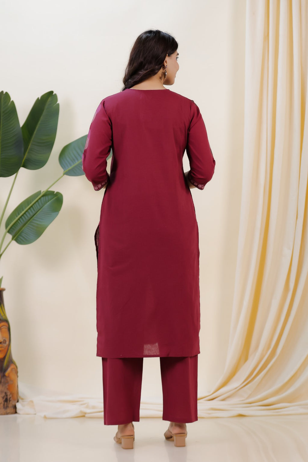 Maroon Linen Cotton Printed Suit with Straight Pant