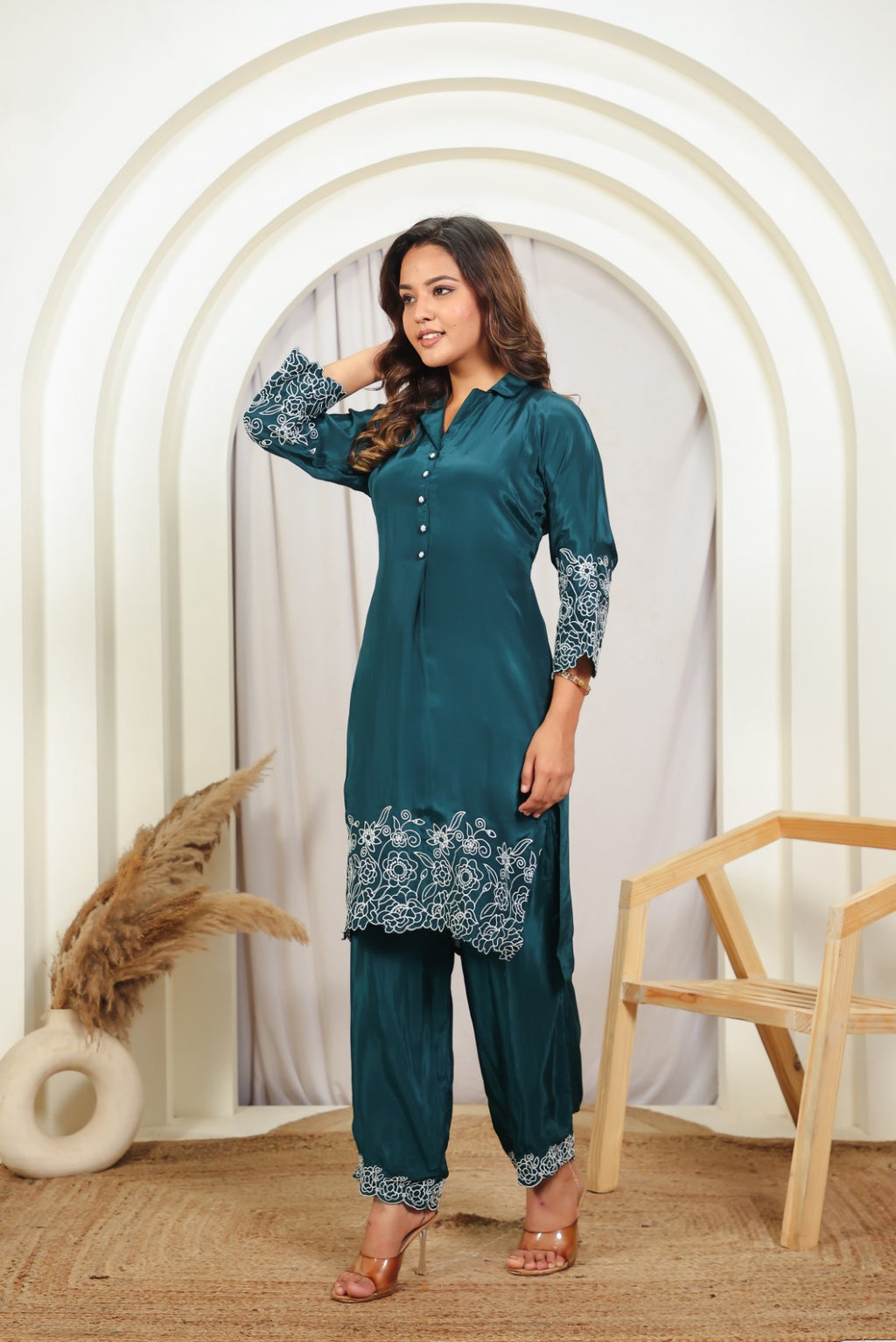 Bottle Green Crepe Silk with White Thread Work Co-ord Set