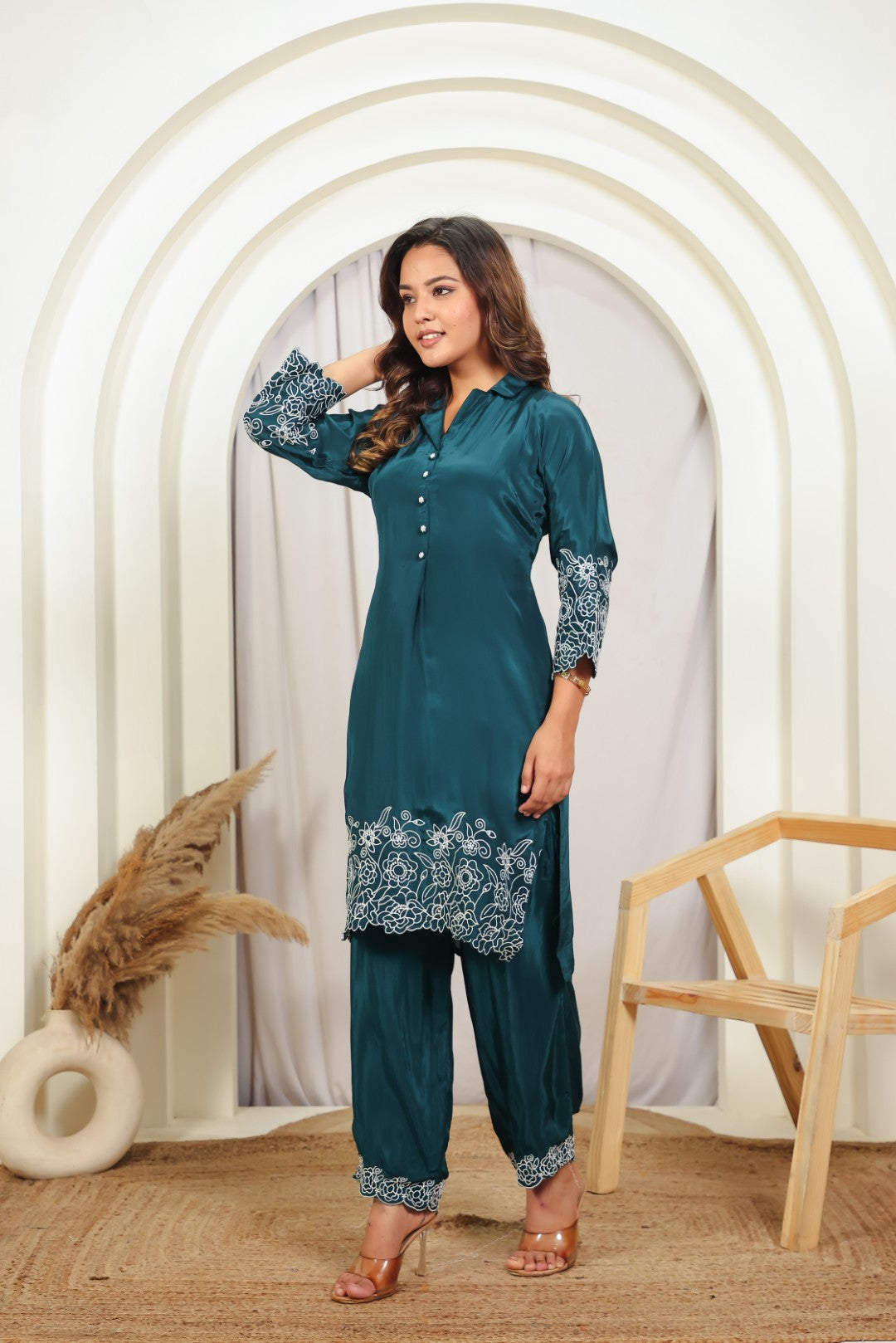 Bottle Green Crepe Silk with White Thread Work Co-ord Set