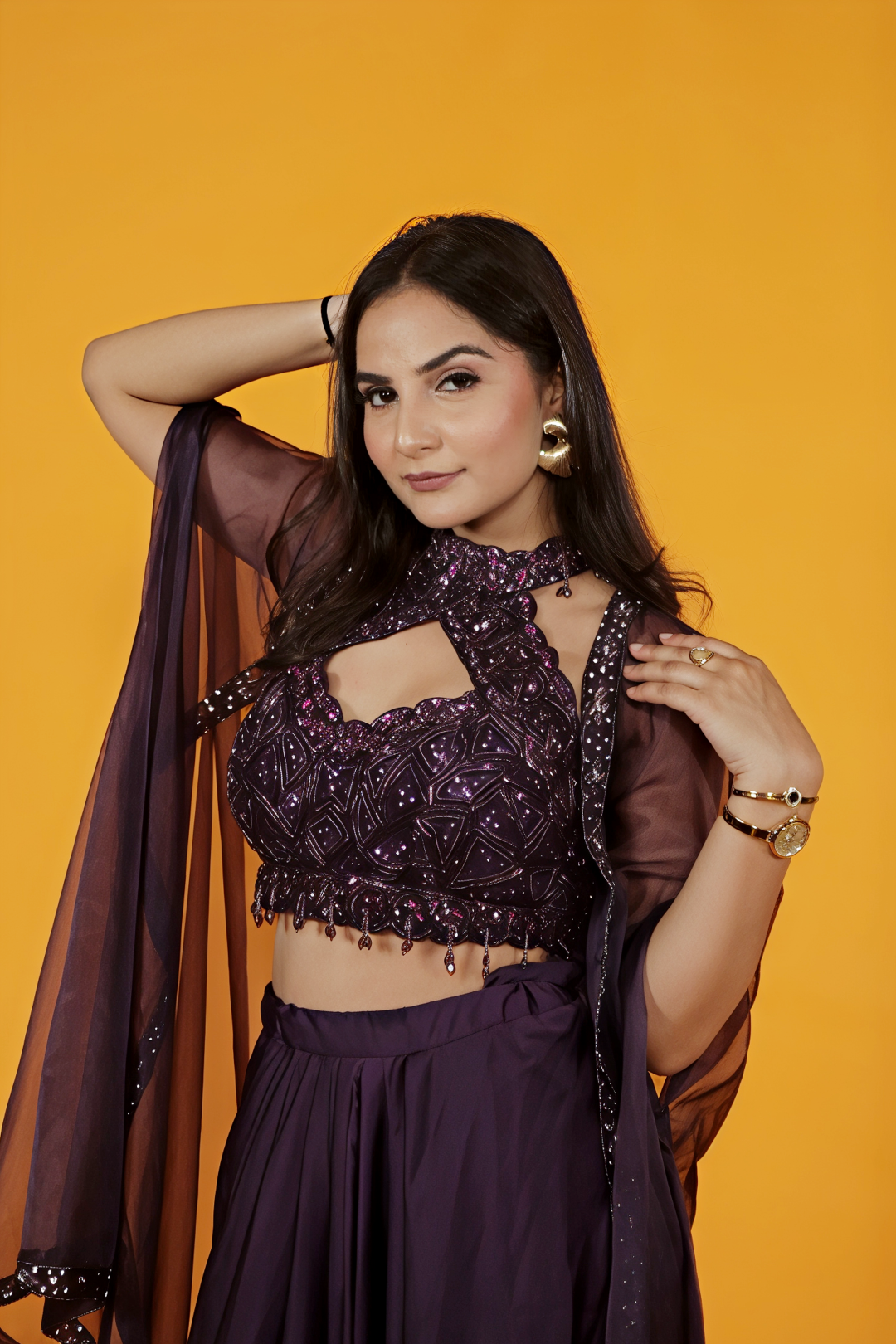 Wine Satin Silk Blouse with Handwork, Dhoti & Shrug