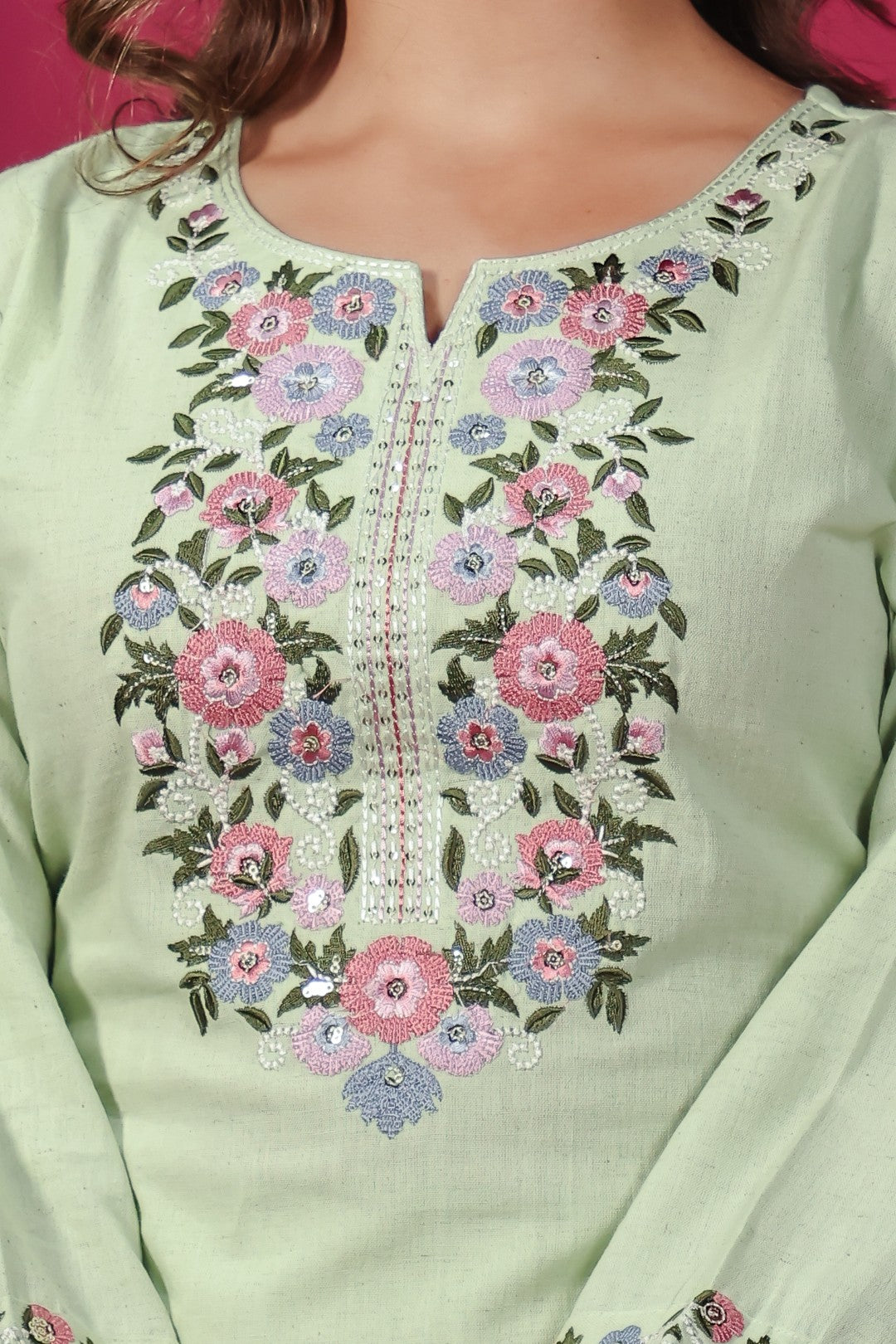 Pista Green Linen Cotton Suit with Thread Embroidery, Bottom & Dupatta