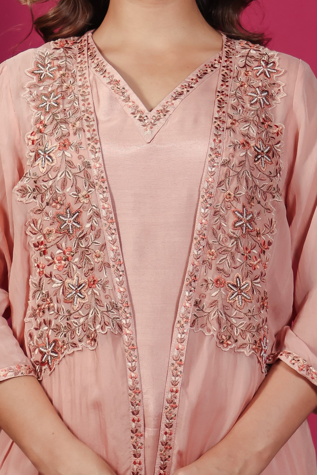 Peach Silk Suit with Thread Work, Long Jacket & Palazzo Pant