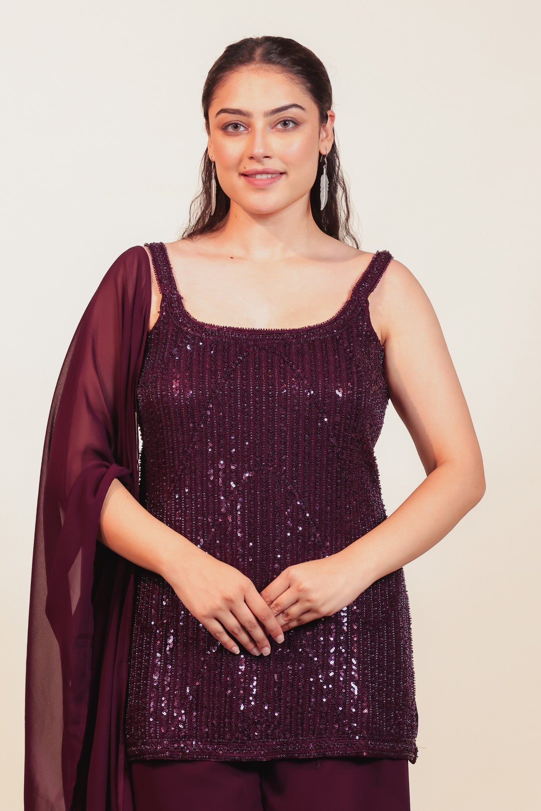 Wine Georgette Suit with Handwork, Sharara & Dupatta