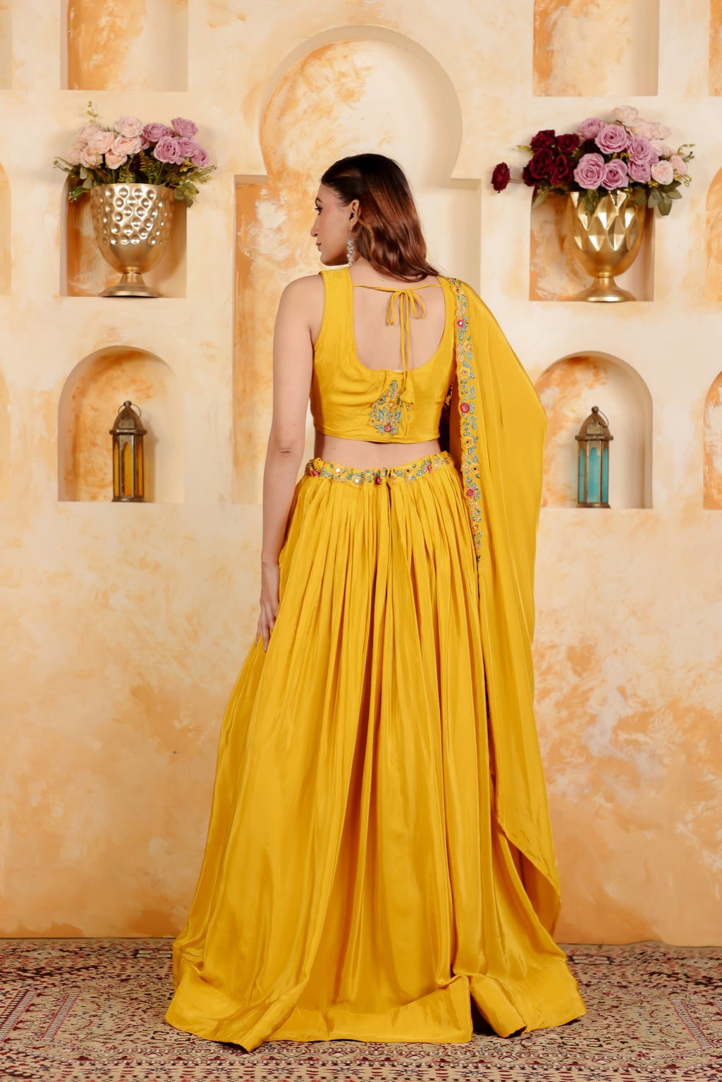 Yellow Crepe Silk Blouse with Thread & Stone Work, Lehenga & Dupatta