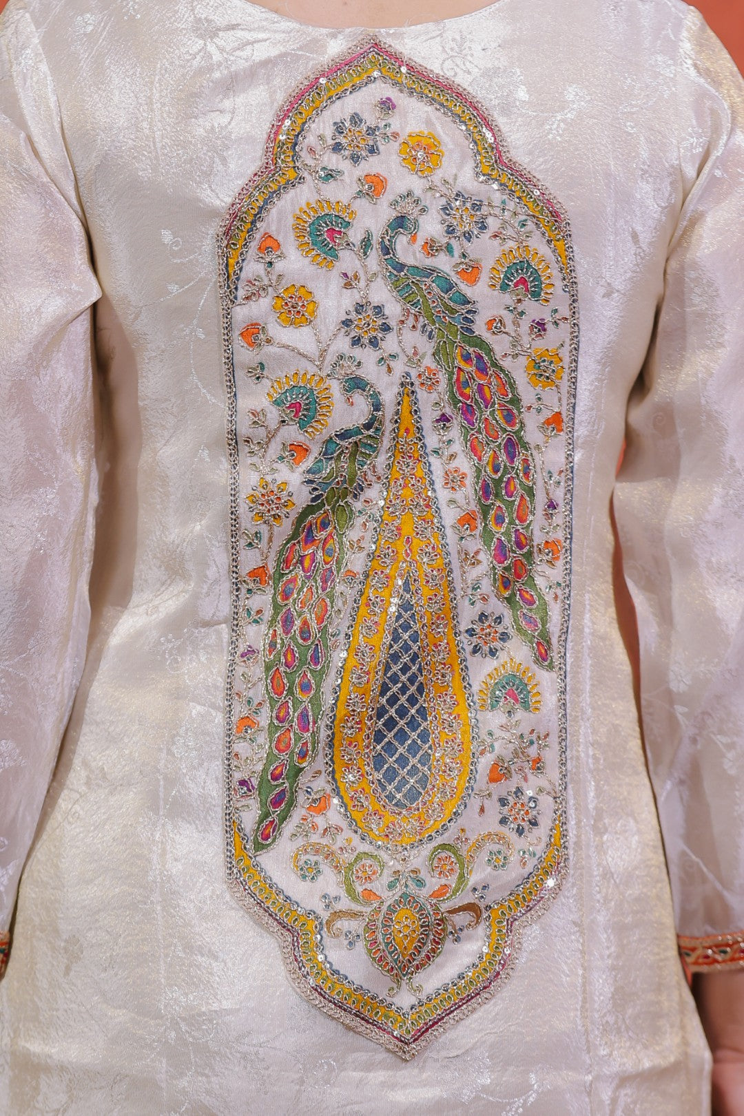 Off White Mosh Silk Suit with Self Print & Zari Sequin Work, Bottom & Dupatta