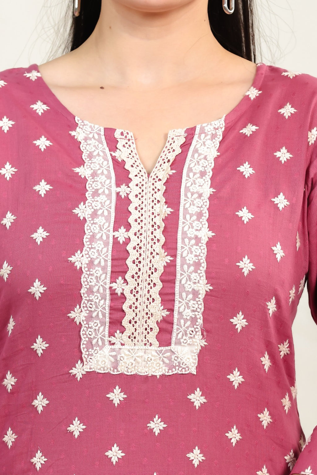 Rose Pink Cotton Suit with Fine Thread Work, Bottom & Dupatta