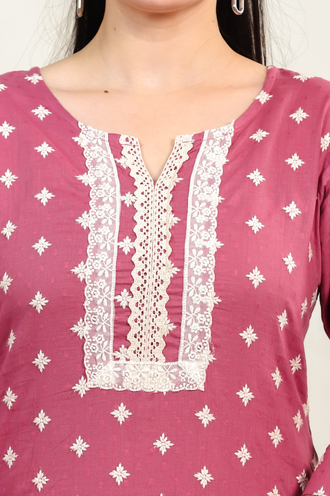 Rose Pink Cotton Suit with Fine Thread Work, Bottom & Dupatta