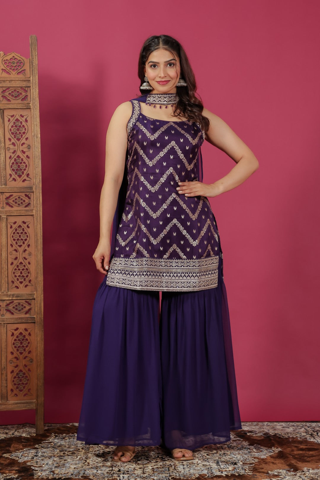 Purple Ho Silk Banarasi Top with Zari Work, Sharara & Dupatta