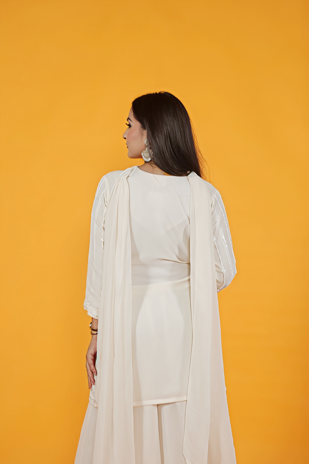 Off White Georgette Top with Pearl & Sequins Work, Sharara & Dupatta