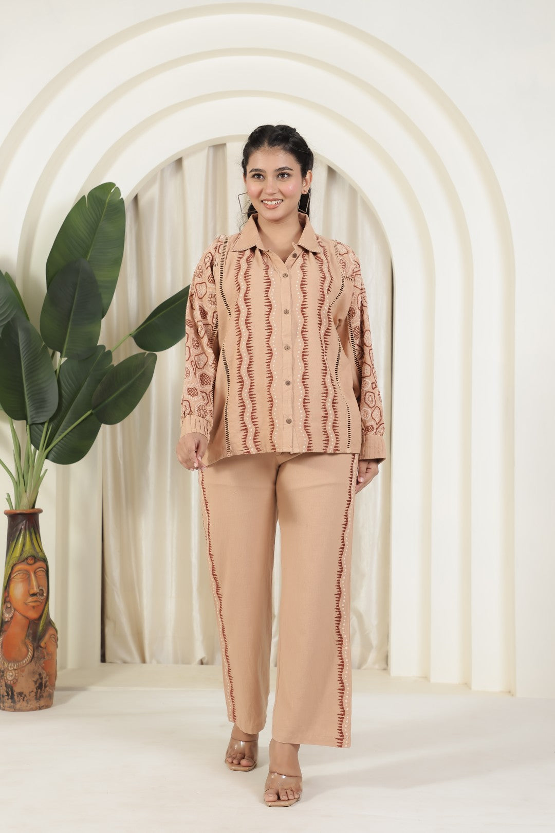 Light Brown Jute Cotton Top with Thread Embroidery & Pant