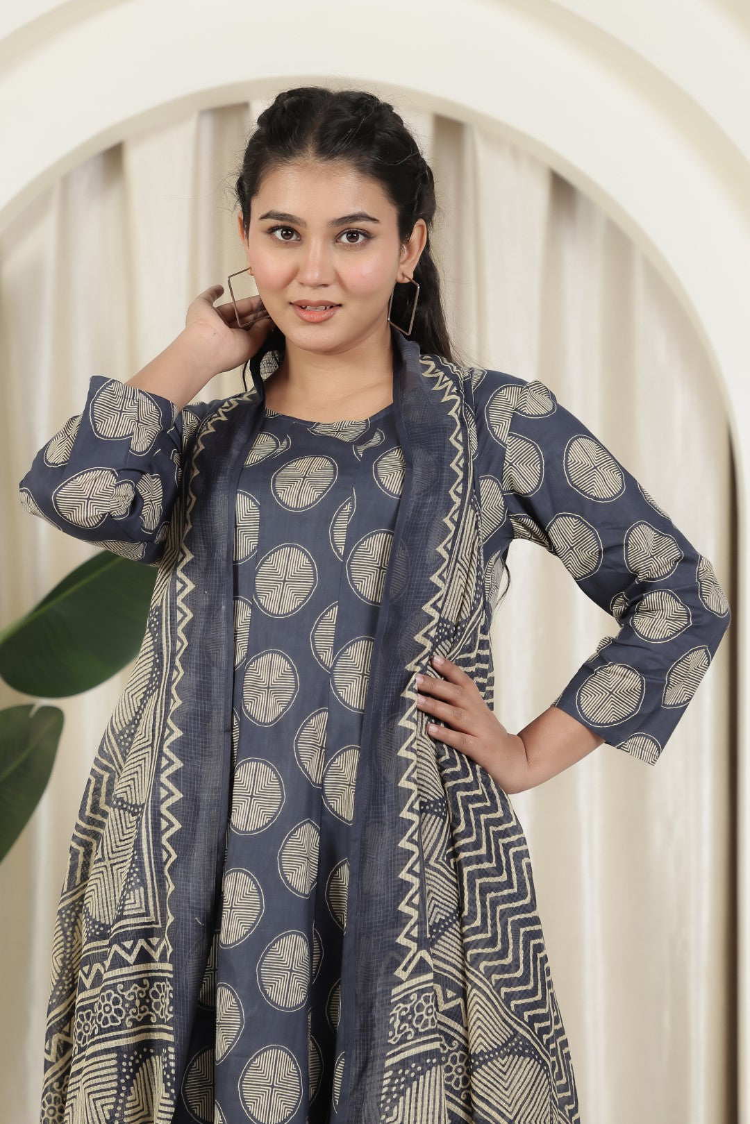 Deep Navy Blue Cotton Printed Suit and Paired with a Matching Pant & Dupatta