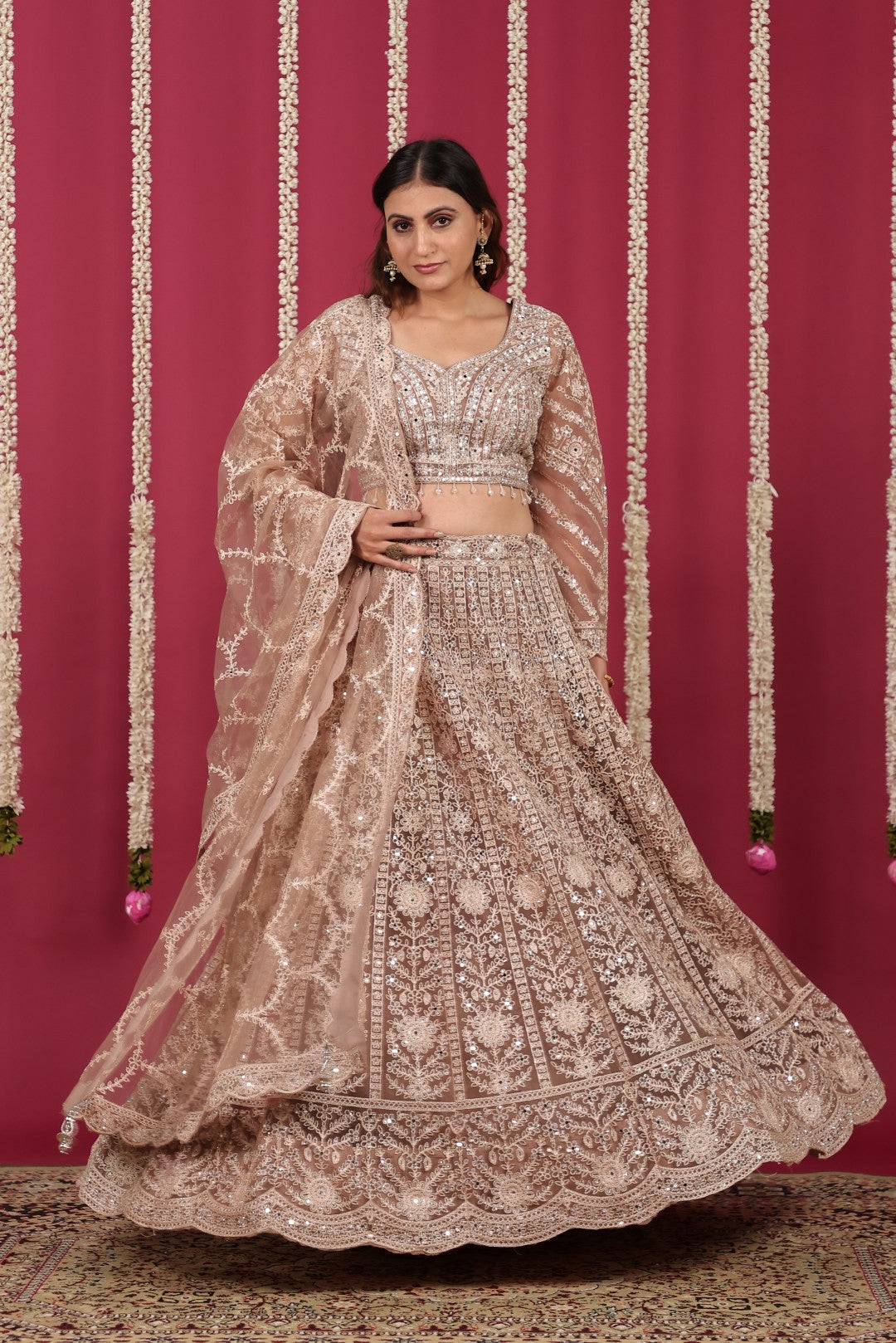 Light Brown Net Blouse with Full Zari, Mirror & Stone Work, Lehenga & Dupatta