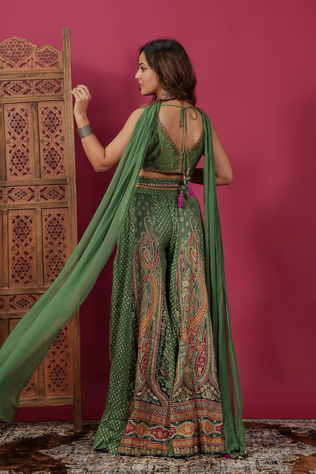Green Silk Blouse with Zari & Mirror Work, Banarasi Printed Sharara & Dupatta