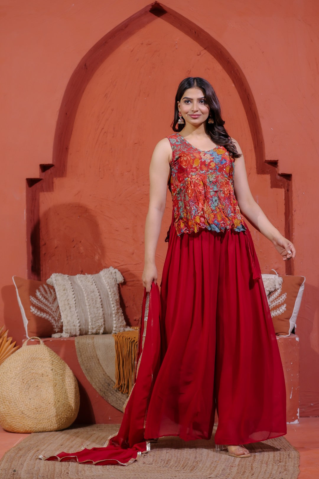 Maroon Chinon Silk Printed Top with Handwork, Sharara & Dupatta