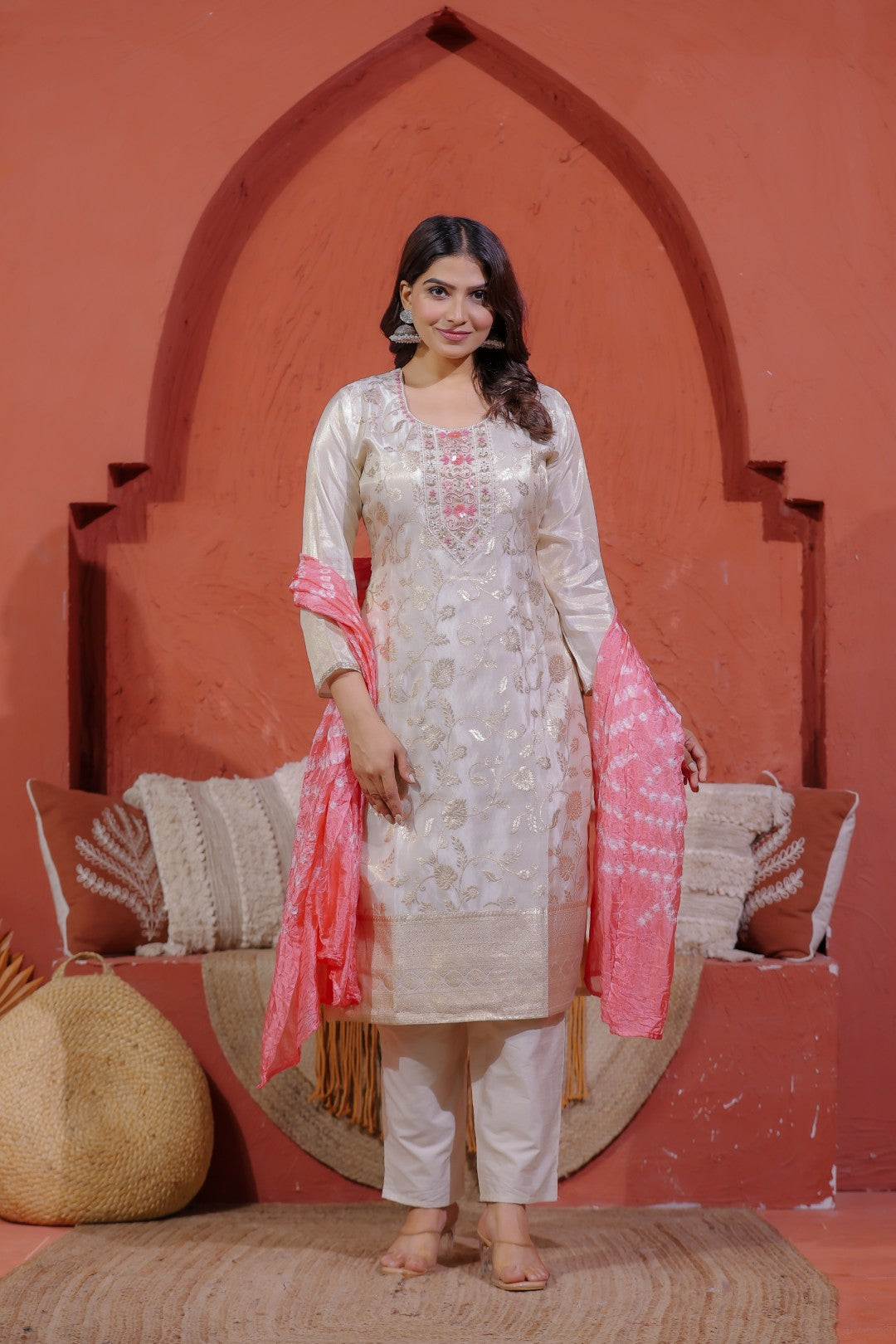 Off White Mosh Silk Suit with Full Banarasi Work, Pant & Dupatta