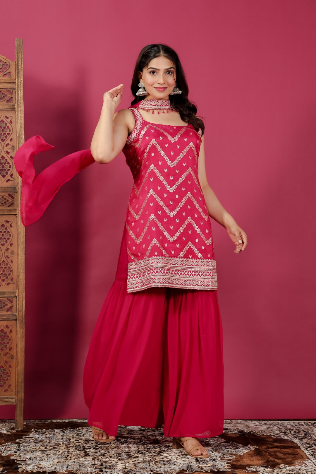 Rani Pink Ho Silk Banarasi Top with Zari Work, Sharara & Dupatta