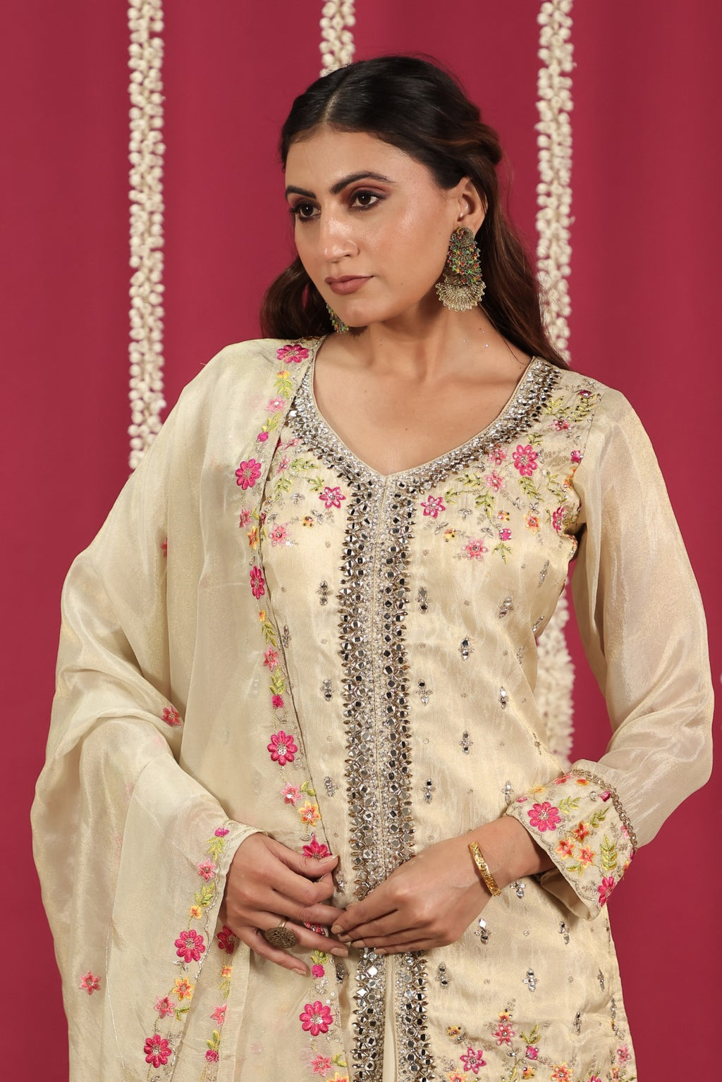 Beige Mosh Silk Short Kurti with Thread & Mirror Work, Sharara & Dupatta